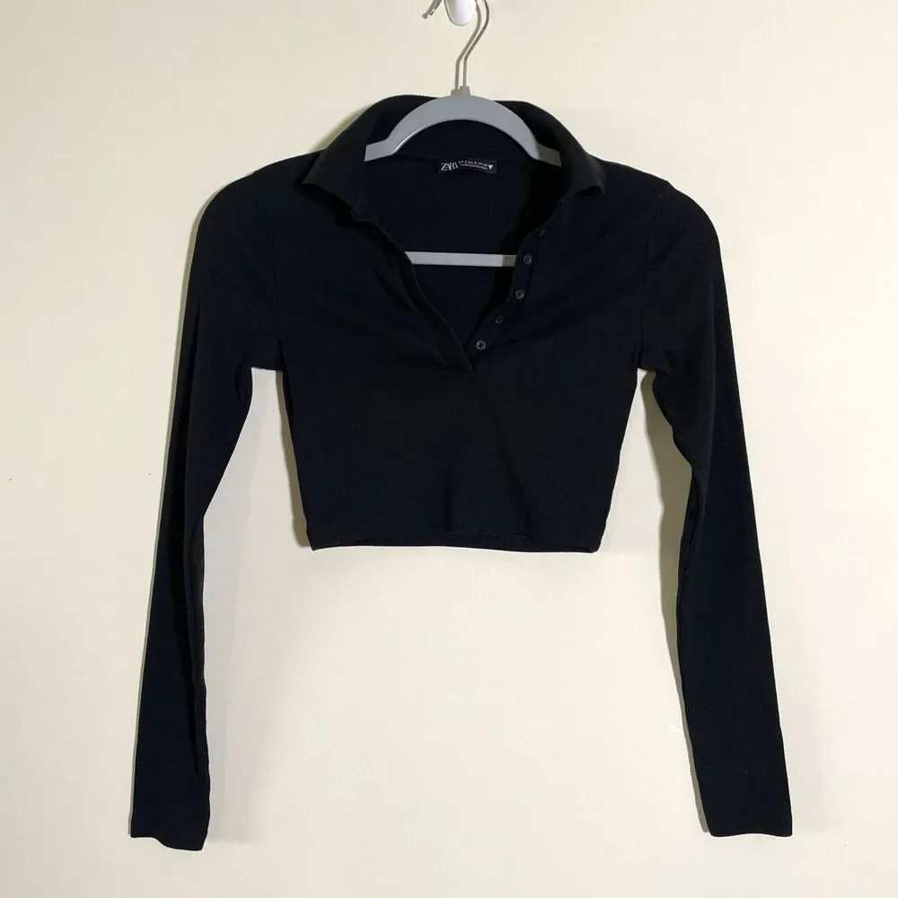 Zara Women's Collared Ribbed Black Crop Top Long Sleeve Size Small Casual